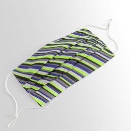 [ Thumbnail: Colorful Midnight Blue, Light Gray, Light Green, Black, and Dim Grey Colored Stripes/Lines Pattern Face Mask ]