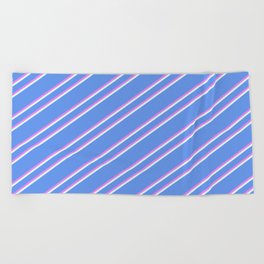 [ Thumbnail: Cornflower Blue, Violet, and Light Cyan Colored Lined Pattern Beach Towel ]