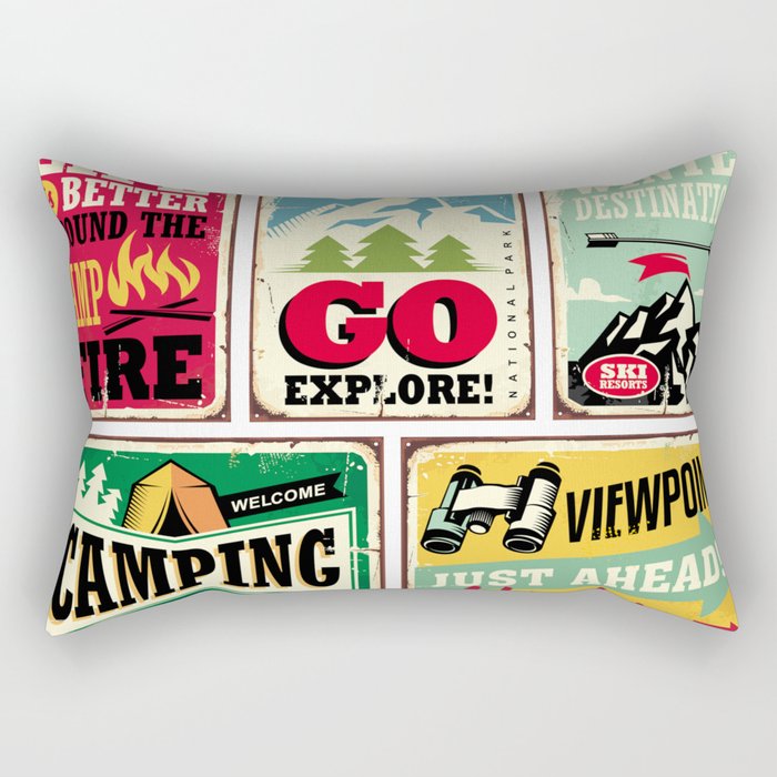 Hiking and camping retro signs collection. Outdoor activities vintage posters set. Wilderness and adventures illustration.  Rectangular Pillow