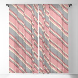[ Thumbnail: Light Coral, Tan, Gray & Brown Colored Striped Pattern Sheer Curtain ]