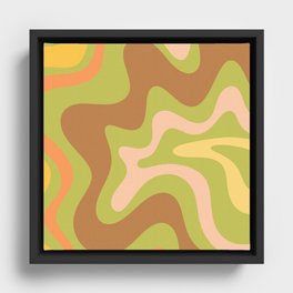 Retro Liquid Swirl Abstract Pattern Square 60s 70s Light Green Brown Yellow Orange Blush Framed Canvas