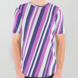 [ Thumbnail: Dark Slate Blue, Orchid, and Mint Cream Colored Pattern of Stripes All Over Graphic Tee ]