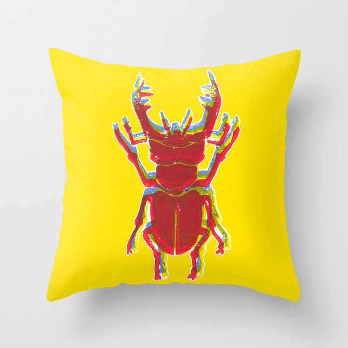 Stag Beetle Tricolore lino cut on yellow background Throw Pillow