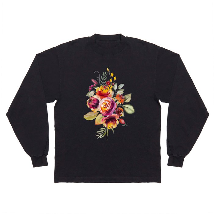 Watercolor autumn bouquet made of flowers and leaves isolated Long Sleeve T Shirt