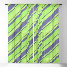 [ Thumbnail: Green, Light Green & Midnight Blue Colored Striped/Lined Pattern Sheer Curtain ]