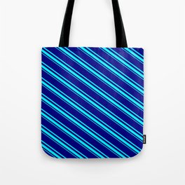 [ Thumbnail: Blue & Aqua Colored Pattern of Stripes Tote Bag ]