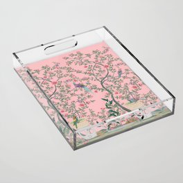 Chinoiserie Pink Fresco Floral Garden Birds Oriental Botanical Acrylic Tray