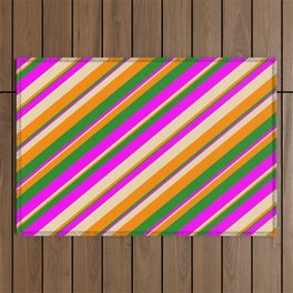 [ Thumbnail: Tan, Dark Orange, Forest Green, and Fuchsia Colored Striped Pattern Outdoor Rug ]