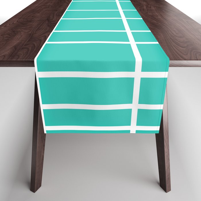 Mid Century Modern Abstract Grid lines pattern - Maximum Blue Green and White Table Runner