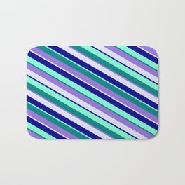[ Thumbnail: Eye-catching Teal, Purple, Lavender, Dark Blue, and Aquamarine Colored Pattern of Stripes Bath Mat ]