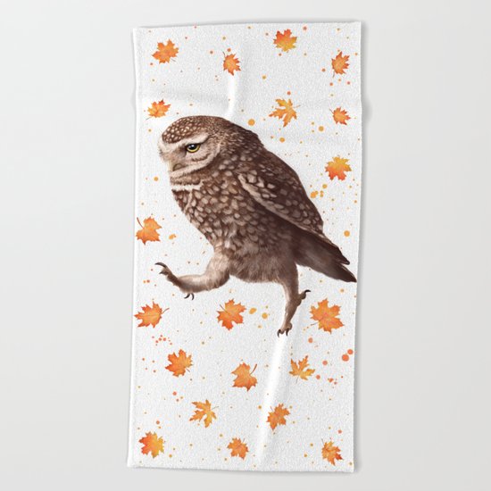 Autumn owl with leaves Beach Towel