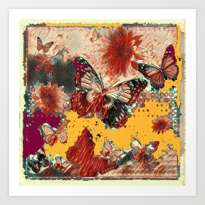 Artistic Monarch Butterflies Design Rustic Pattern Art Print