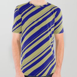 [ Thumbnail: Dark Khaki and Blue Colored Lines Pattern All Over Graphic Tee ]