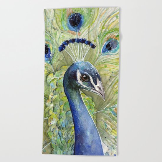 Peacock Watercolor Painting | Exotic Birds Beach Towel
