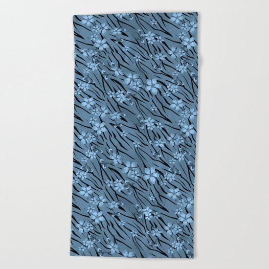 Blue flowers on blue tiger background. Beach Towel