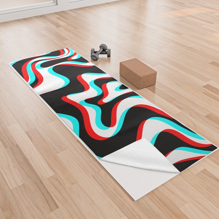 Trippy Glitch Retro Liquid Swirl Abstract Pattern Black White Red Cyan Yoga Towel