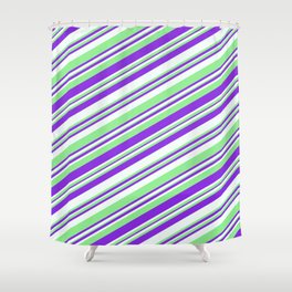 [ Thumbnail: Purple, Mint Cream & Light Green Colored Striped Pattern Shower Curtain ]