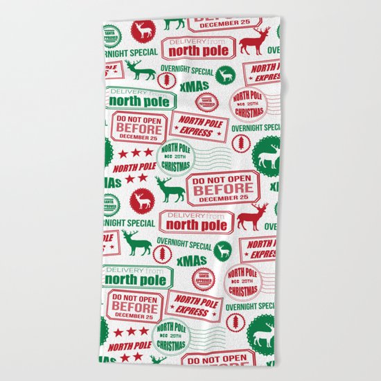 North Pole santa sleigh post office pattern reindeer print xmas holiday gifts decor Beach Towel