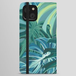 Tropical Monstera Palm Leaves on Teal iPhone Wallet Case