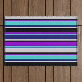 [ Thumbnail: Colorful Dark Violet, Turquoise, Midnight Blue, Light Gray & Black Colored Striped/Lined Pattern Outdoor Rug ]