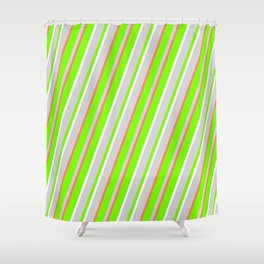 [ Thumbnail: Green, White, Light Gray & Salmon Colored Striped/Lined Pattern Shower Curtain ]