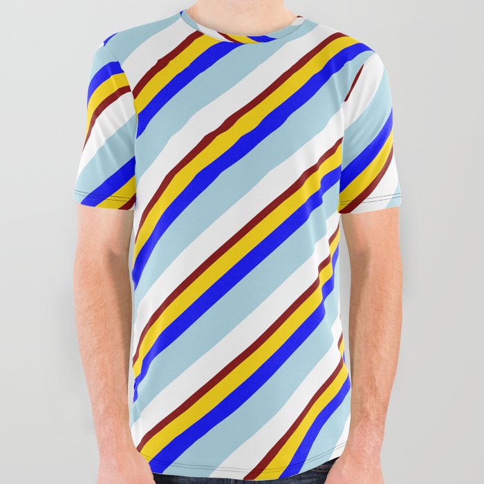 Eye-catching Yellow, Blue, Light Blue, White & Maroon Colored Lines Pattern All Over Graphic Tee