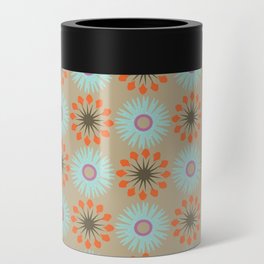 Retro Blue And Beige Brown Floral Pattern Can Cooler