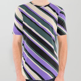 [ Thumbnail: Dark Slate Gray, Beige, Purple & Black Colored Lined Pattern All Over Graphic Tee ]