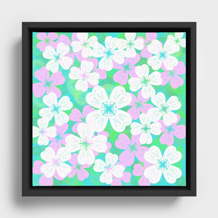 70’s Desert Flowers Pink and Turquoise Framed Canvas