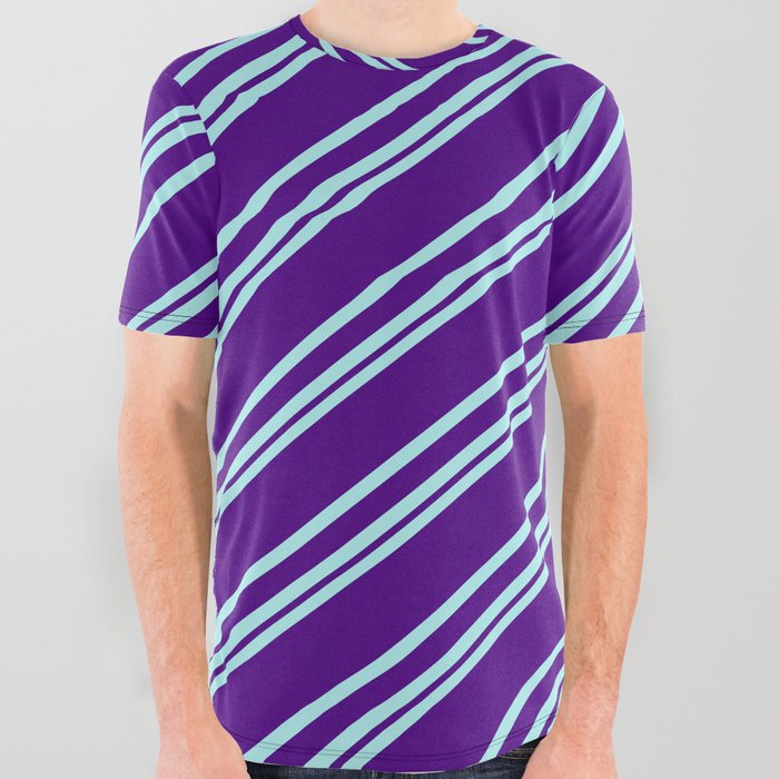 Turquoise & Indigo Colored Striped Pattern All Over Graphic Tee