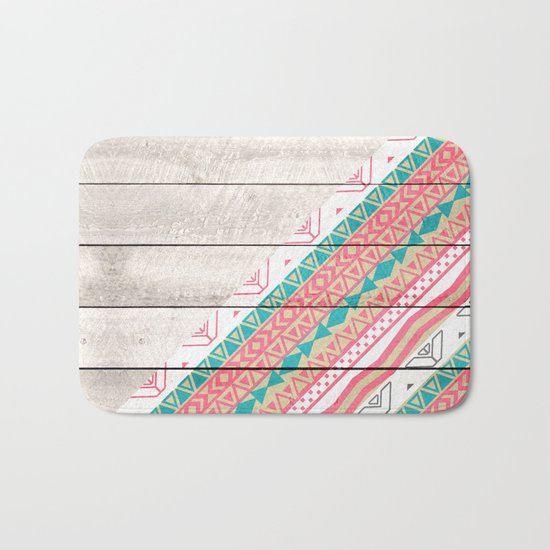 Andes Tribal Aztec Coral Teal Chevron Wood Pattern Bath Mat