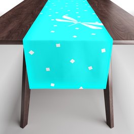 White Dragonfly Christmas seamless pattern and Snow White Confetti on Blue Cyan Background Table Runner