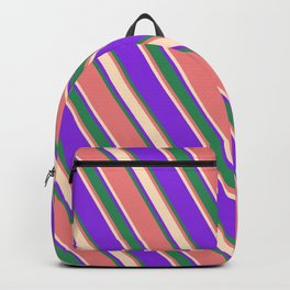 [ Thumbnail: Purple, Sea Green, Light Coral, and Bisque Colored Lined/Striped Pattern Backpack ]
