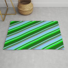 [ Thumbnail: Light Sky Blue, Lime, Dark Green & Grey Colored Striped Pattern Rug ]