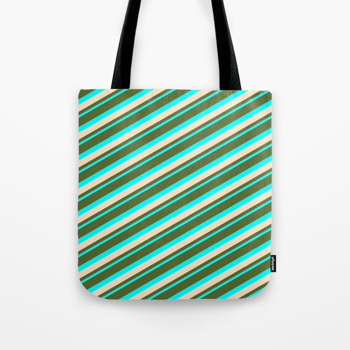 Dark Olive Green, Cyan & Bisque Colored Lined Pattern Tote Bag