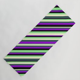 [ Thumbnail: Light Green, Light Yellow, Dark Slate Gray, Dark Violet, and Black Colored Lines/Stripes Pattern Yoga Mat ]