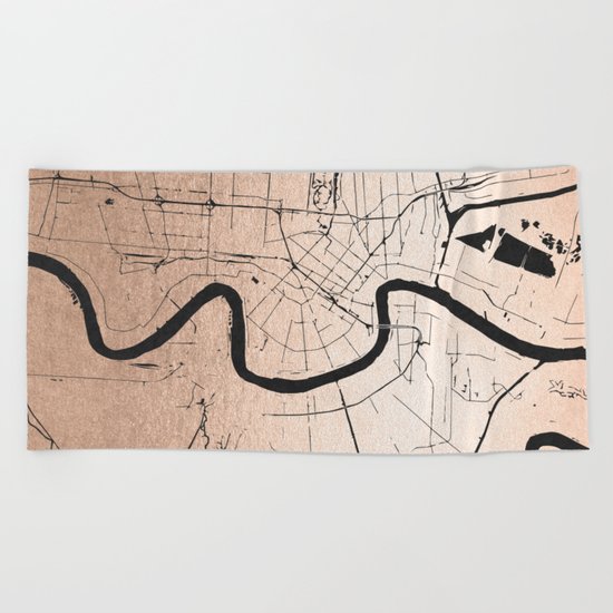 New Orleans Rose Gold and Black Map Beach Towel