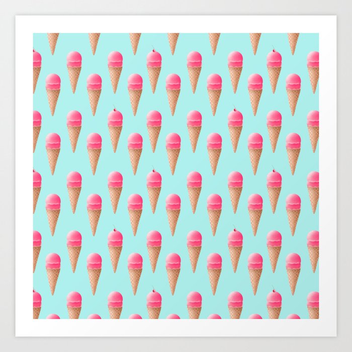 Strawberry Ice Cream Cone Pattern - Blue Art Print