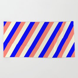 [ Thumbnail: Blue, Salmon & Beige Colored Stripes/Lines Pattern Beach Towel ]