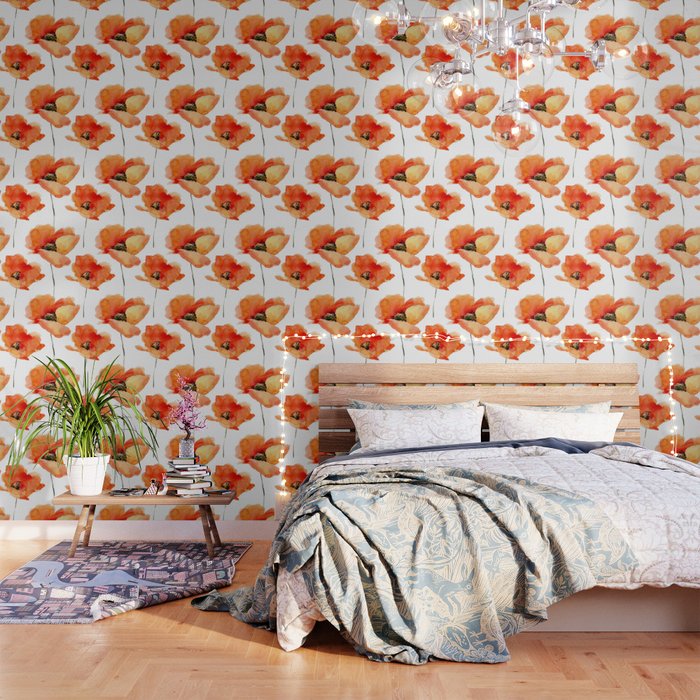 Modern Hand Painted Orange Watercolor Poppies Pattern Wallpaper By