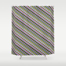 [ Thumbnail: Vibrant Green, Violet, Dark Slate Gray, White & Black Colored Lined Pattern Shower Curtain ]