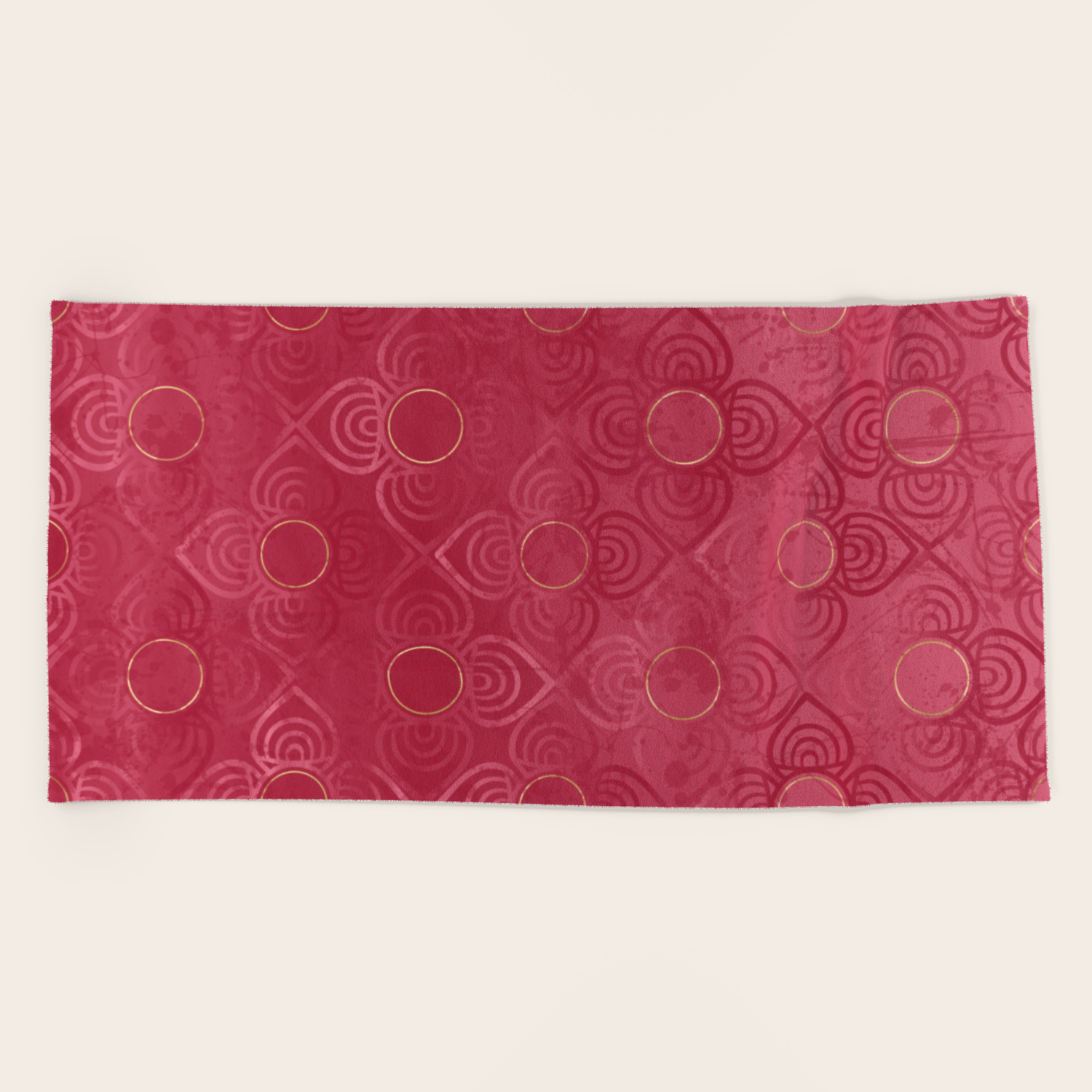 Abstract Art Deco Distressed Geometric Red Flowers With Golden