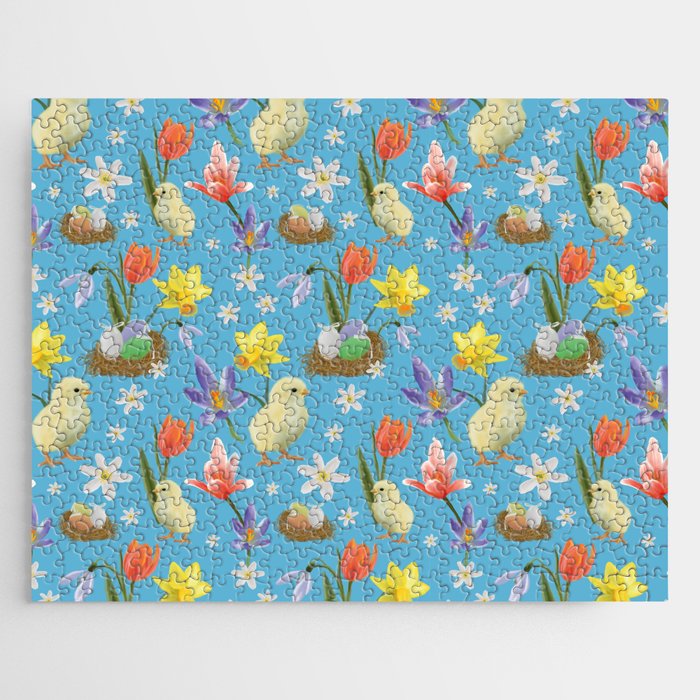 Colorful pattern with easter chicks, easter nests, tulips, daffodils, crocuses, wood anemones Jigsaw Puzzle