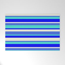 [ Thumbnail: Royal Blue, Turquoise, Blue & Beige Colored Lined Pattern Welcome Mat ]
