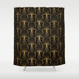 Art Deco Pattern. Seamless black and gold background. Metallic shells or scales lace ornament. Minimalistic geometric design. Vintage lines. 1920-30s motifs. Luxury vintage illustration Shower Curtain