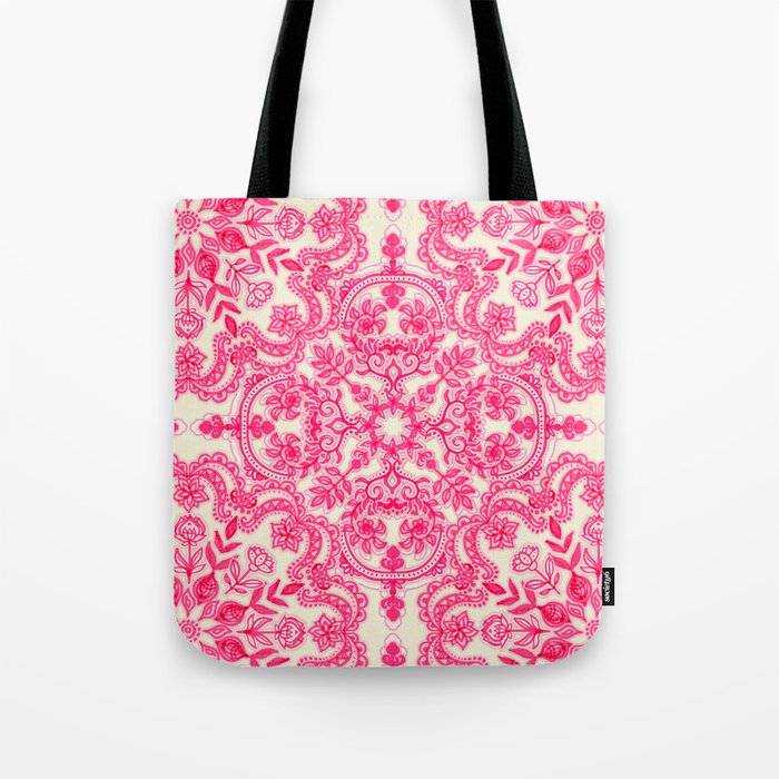 Hot Pink & Soft Cream Folk Art Pattern Tote Bag