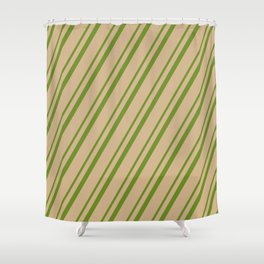 [ Thumbnail: Green & Tan Colored Lined/Striped Pattern Shower Curtain ]