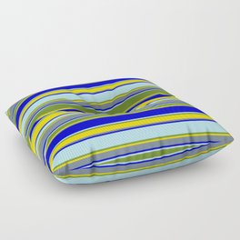 [ Thumbnail: Colorful Powder Blue, Green, Yellow, Slate Gray & Blue Colored Striped Pattern Floor Pillow ]