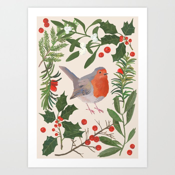Robin in a Winter Garden Art Print