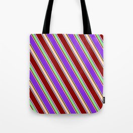 [ Thumbnail: Purple, Light Green, Dark Red & Tan Colored Stripes/Lines Pattern Tote Bag ]
